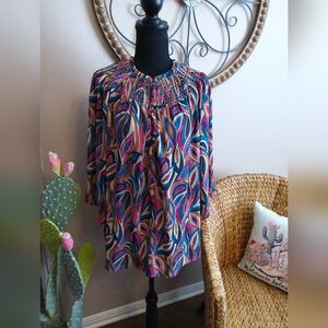 Investments Multicolor Leaf-Print Smocked-Neck Blouse